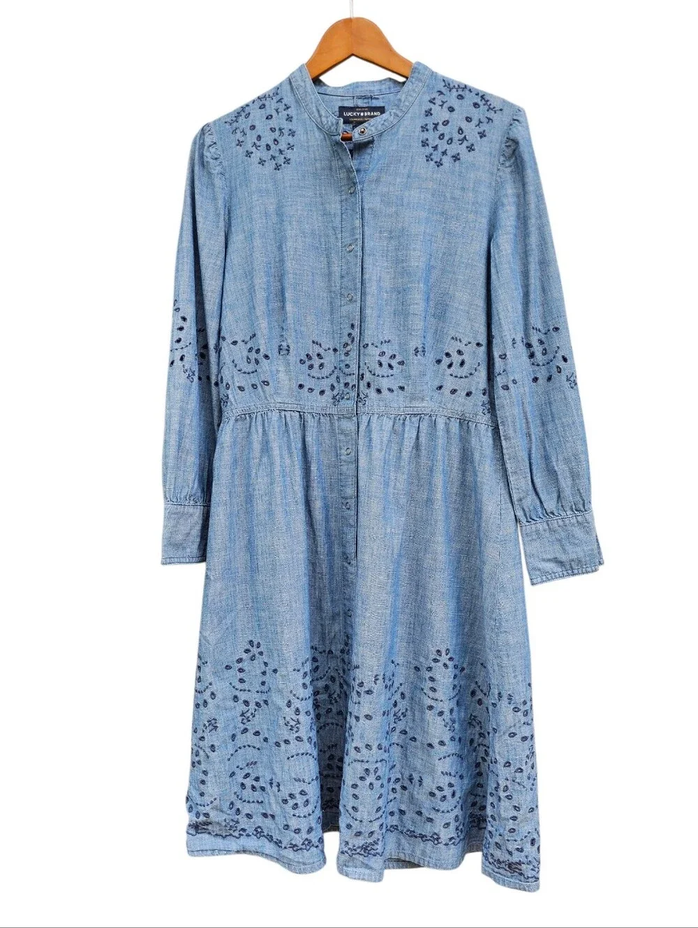 Lucky Brand Blue Chambray Eyelet Button-Front Midi Dress - Picture 1 of 11